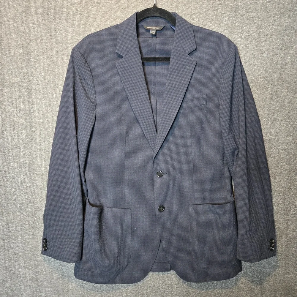 Banana Republic Blazer Mens 38R Blue Slim Fit Performance Wool‎ Seersucker Check